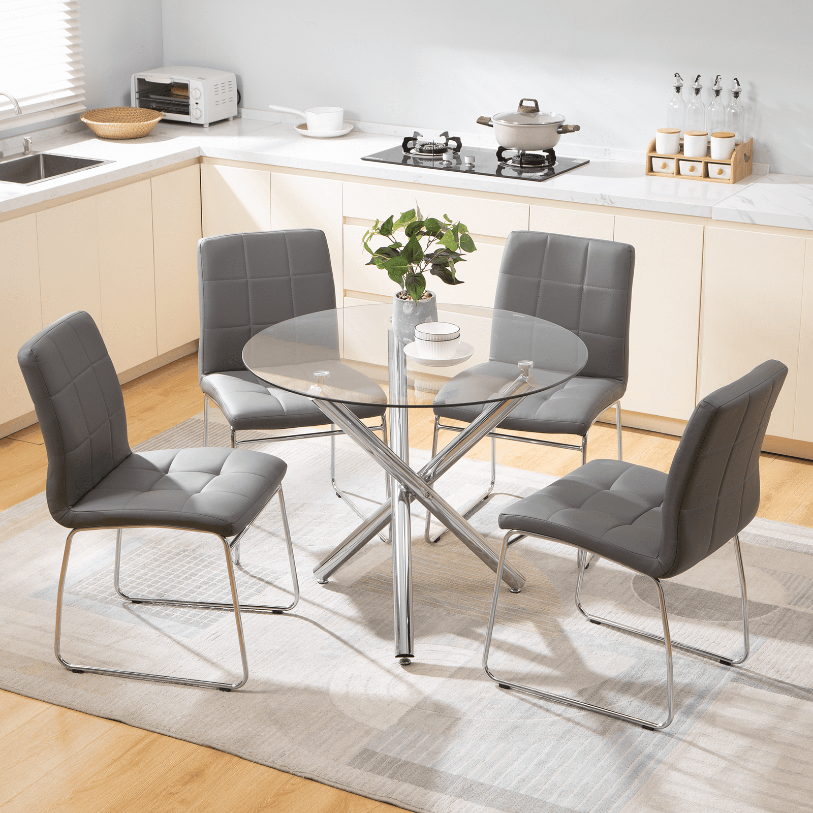 Omni House Round Dining Table Set for 4 Glass Top Kitchen Table and