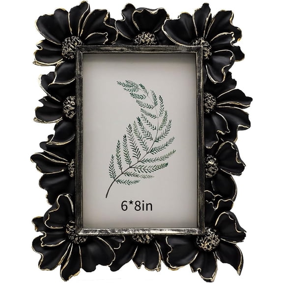 Black Picture Frame 6x8 Frames, Vintage Flower Textured Hand-Crafted Resin with Glass Front Elegant Retro Vintage Design Photo Frame for Tabletop Display Home Decor
