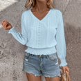 thumbnail image 2 of WTOBBY Women's T Shirts Long Sleeve V Neck Tees Fashion Tops Lightweight Soft Casual Shirt - Solid Color Hollow Out Design with Ruffle Hem for Style,Light Blue L, 2 of 5