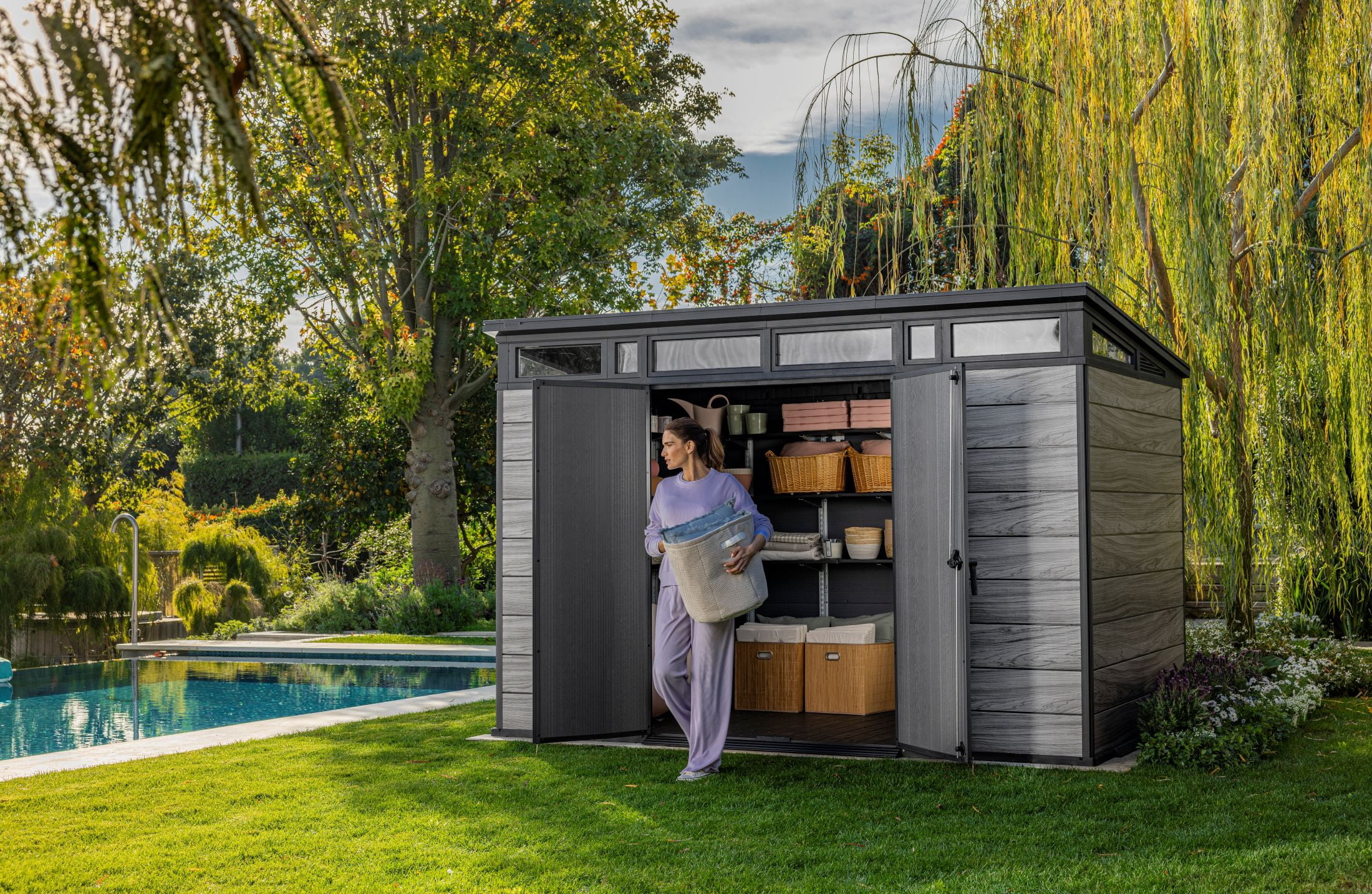 Keter Signature 11x7 ft. Durable Resin Outdoor Storage Shed With Heavy Duty Floor and Locking Door, Storm Grey