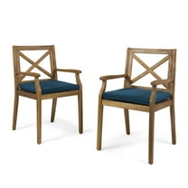 Abena Outdoor Acacia Wood Dining Chair, Set of 2, Teak with Blue Cushions