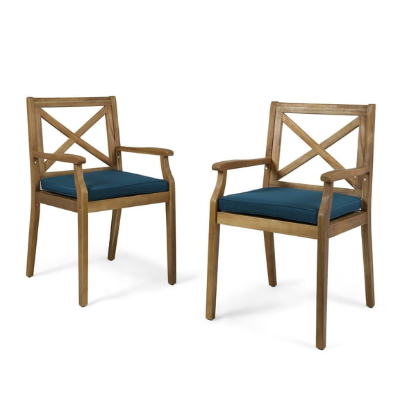 Abena Outdoor Acacia Wood Dining Chair, Set of 2, Teak with Blue Cushions