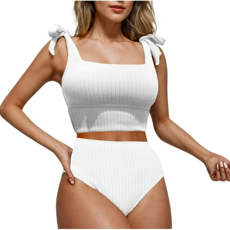 Arnsht Women s Solid Color Sheath High Waisted Bikini Swimsuit Two Piece Adjustable Suspenders Cheeky Bathing Suits White M