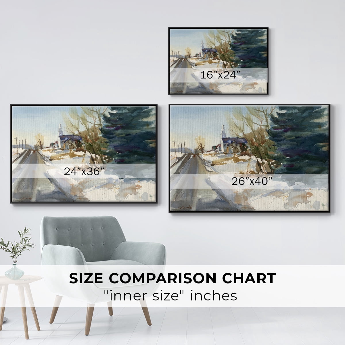 Congregational Church in Winter - Framed Gallery Wrapped Holiday Canvas - 27 x 41 - Black Frame