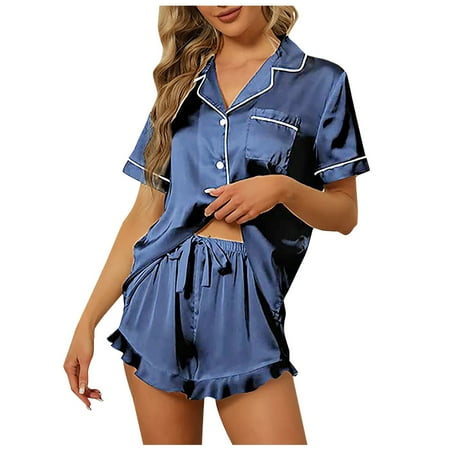 Puawkoer Women Casual Solid Seamless Shorts Suit Lapel Button Tie Short Bathing Suit Top Women Shirt Shorts Pajama Set