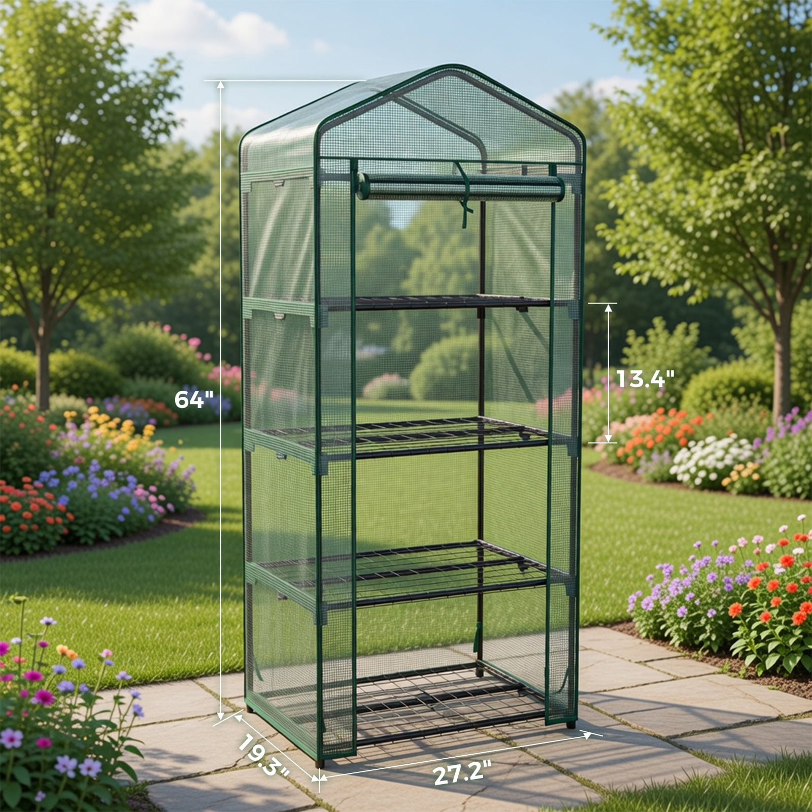 CONCETTA 4-Tier Mini & Portable Greenhouse with Rust-Resistant Steel Frame, Clear PVC Cover for Indoor or Outdoor Gardening, Green