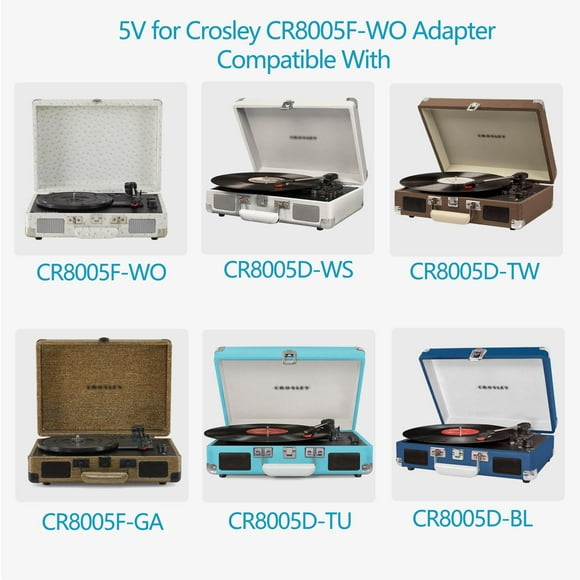 VHBW 5V Power Cord Replacement for Crosley CR8005F CR8005D Adapter Fit with Crosley Cruiser Plus Portable Turntable CR8005F-GA CR8005F-WO CR8005D-TU CR8005D-BL CR8005D-WS CR8005D-TW