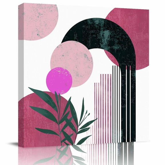 Framed Canvas Wall Art for Living Room Pink Boho Wall Decor, Geometric Line Leaves Aesthetic Paintings for Bedroom Office Kitchen Bathroom, Ready to Hang Artwork Wall Pictures 8x8 Inch