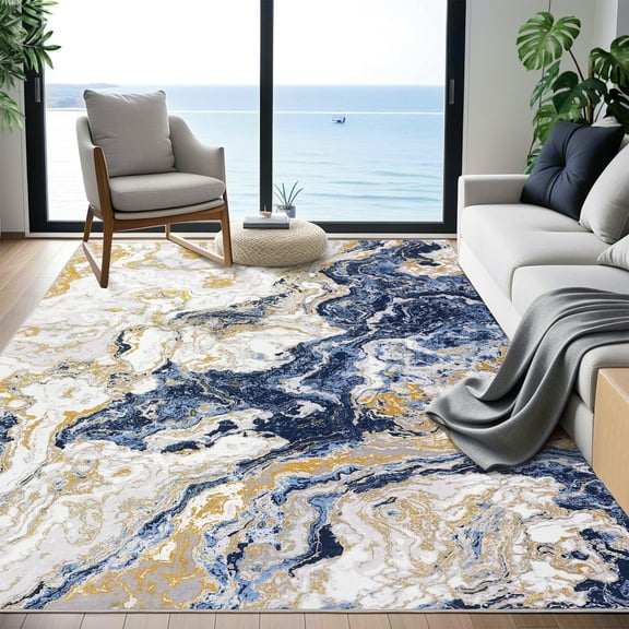 Yesfashion Carpets Area Rugs Washable 1150gsm Pearl Wash back folding printed carpet-Abstract blue 9*12ft