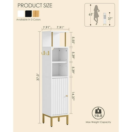 Bathroom Storage Cabinet, Small Corner Floor Hutch with Door and Shelves, Narrow 37inch Tall Toilet Paper Cabinet, Bathroom Organizer with Adjustable Shelf, for Small Spaces (White)