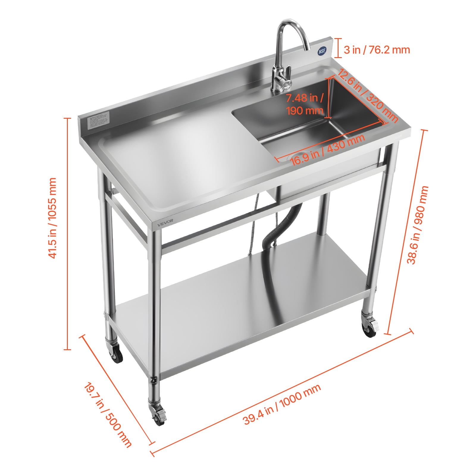 VEVOR Stainless Steel Utility Sink,Rolling Single Bowl Commercial Kitchen Sink with Wheels,Faucet and Hot & Cold Water Pipe,Utility Basin Workbench for Garage Restaurant Laundry 39.4 x 19.7 x 41.5 in