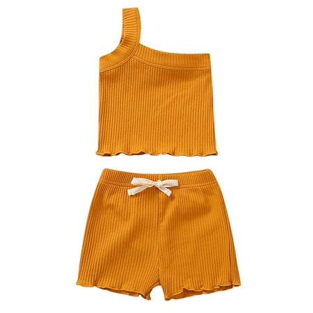 

Summer Newborn Baby Infant Clothes Sets One Shoulder Solid Knit Sleeveless Vest Tops + Shorts 2pcs Toddler Outfits