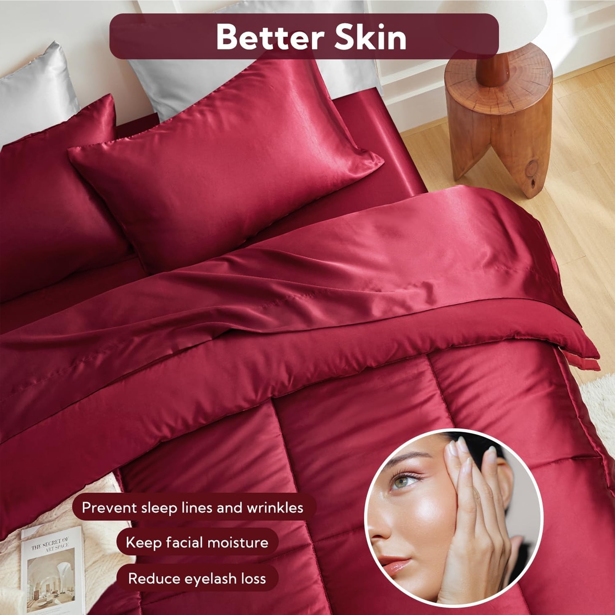 MR&HM Reversible Satin Microfiber Comforter 3 Pieces Queen Size, Burgundy Queen Comforter Set for All Seasons, Silky Soft Satin Comforter for Hair and Skin, with Satin Pillowcases Set of 2