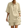 thumbnail image 2 of Cagogo Women Plus Size 2 Piece Shorts Set Casual Summer Cruise Outfits Loose Collared Short Sleeve Shirt Comfy Pants Matching Lounge Tracksuits Travel Airport Outfit Clothes, Khaki 2XL, 2 of 7