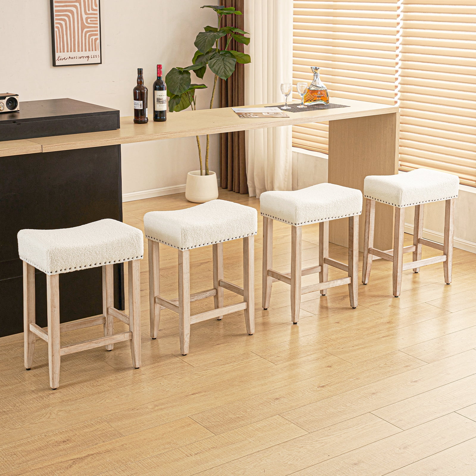 Furniliving 26" Modern Saddle Barstools, Sherpa Backless Kitchen Counter Bar Stool, Set of 2, Beige