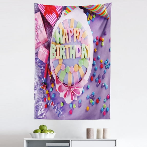 Purple Tapestry, Delicious Birthday Cake on a Table with Stars and Presents Party Yummy Dessert, Fabric Wall Hanging Decor for Bedroom Living Room Dorm, 5 Sizes, Multicolor, by Ambesonne
