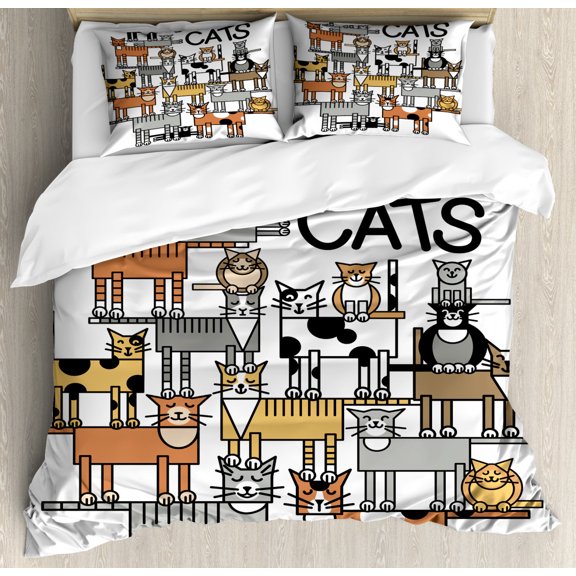 Cat Lover Duvet Cover Set Queen Size, I Love Cats Typography and Feline Friends Pattern on Plain Backdrop, Decorative 3 Piece Bedding Set with 2 Pillow Shams, White and Multicolor, by Ambesonne