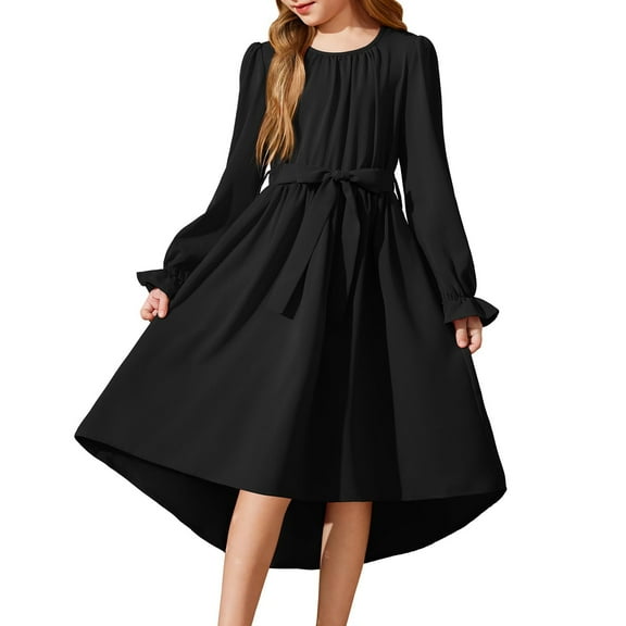 Inglocry Girls Long Sleeve Dress Fashion High Low Flowy Swing Semi Formal Party Dresses with Belt Black 13-14Y