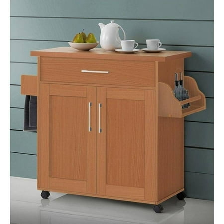 Hodedah Kitchen Cart with Spice Rack, Towel Rack & Drawer, Beech