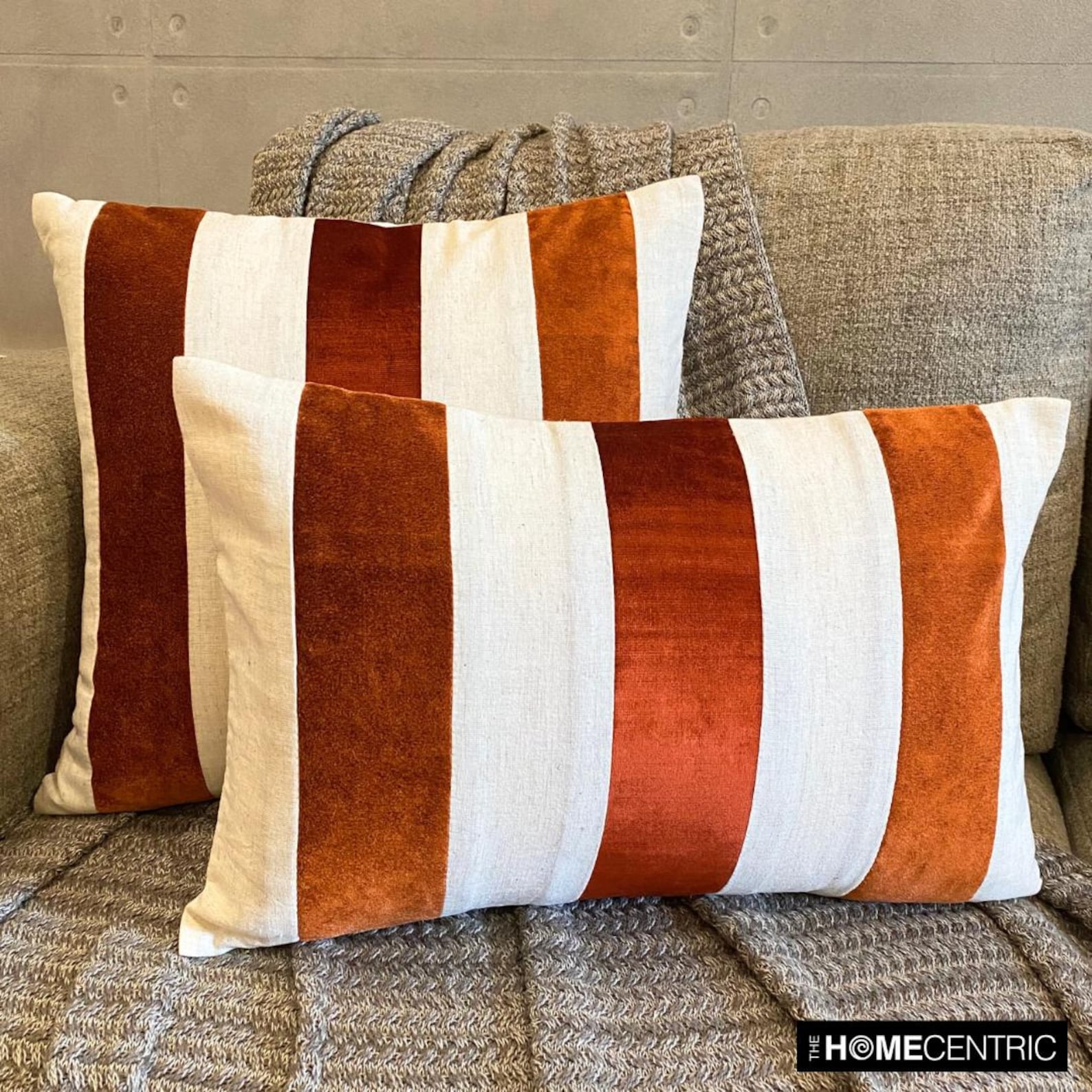 Autumn Throw Pillow covers Orange 26"x26" (65x65 cm) Velvet & Linen Patchwork, Striped, Color Block, Halloween, Fall, Autumn Decor, Fall Home Décor Pillowcase, Modern - Velvet Band Orange