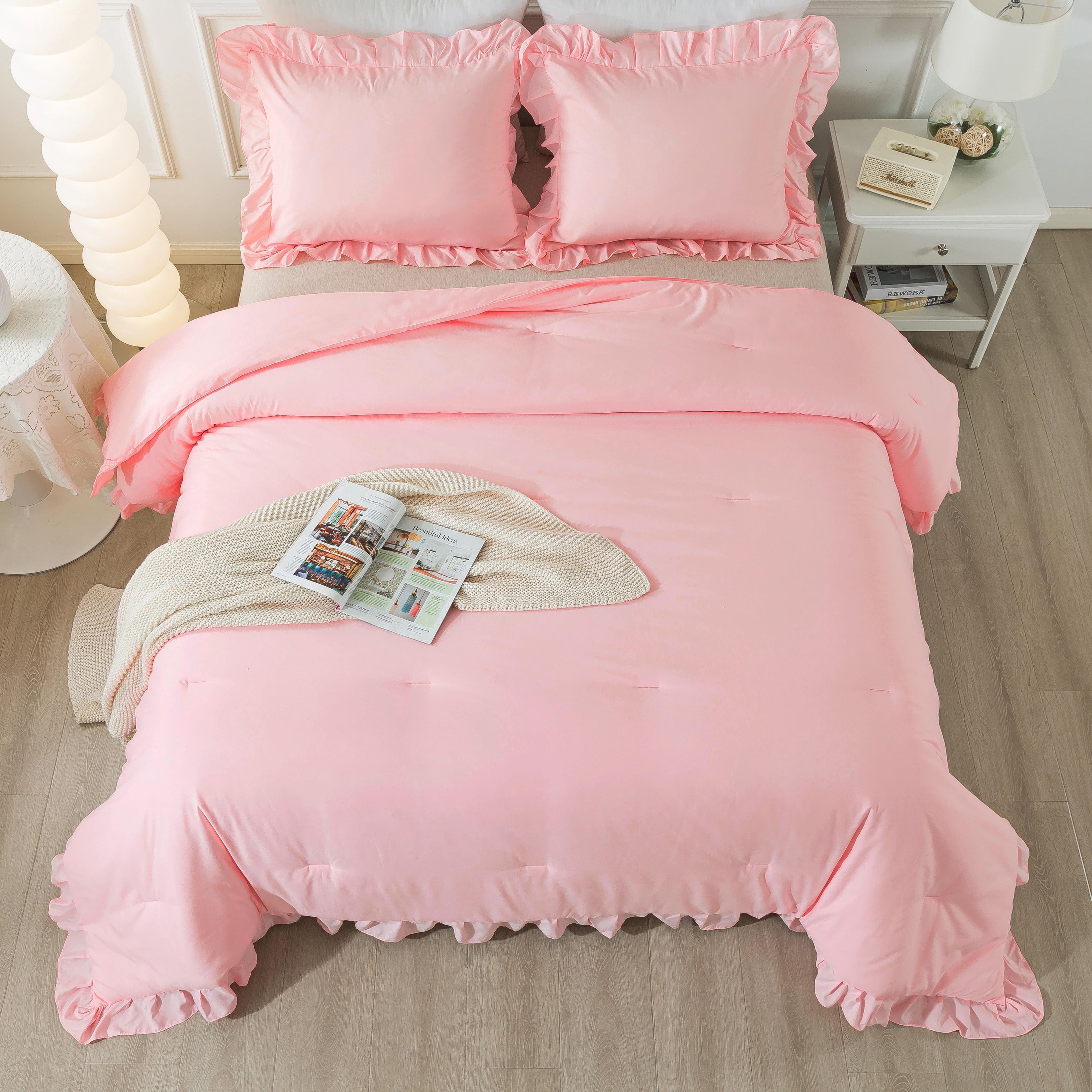 ANGENIA Pink Full Size Comforter Set, 3 Pieces Solid Farmhouse Ruffle Bedding Comforter Set, All Season Soft Lightweight Microfiber Bed Set for Women Girls