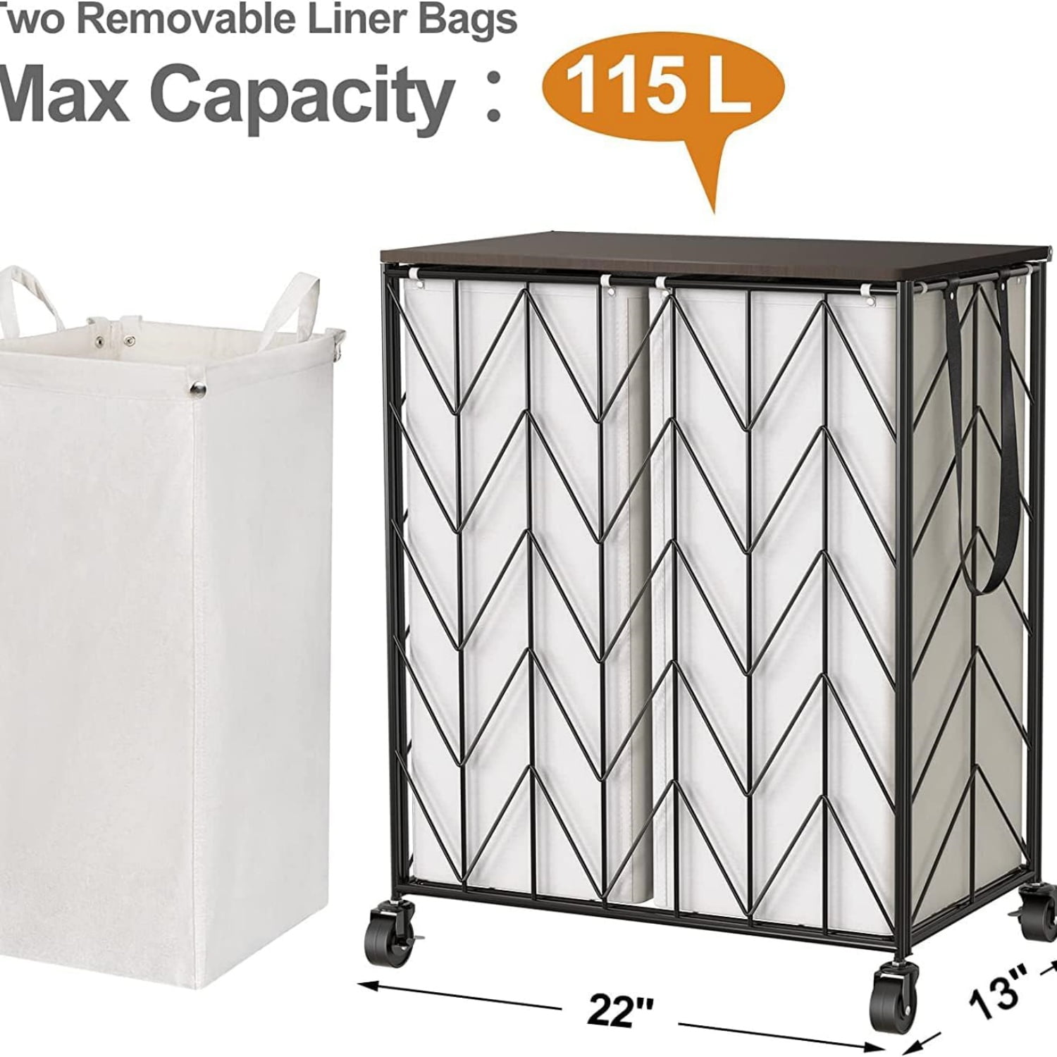 Laundry Basket with Wheels, Heavy Duty Laundry Hamper with Wood Lid, Clothes Hamper with Divided Removable Liner Bag, Large Capacity Iron-Made Laundry Sorter Laundry Room Organization (Beige)