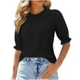 thumbnail image 2 of LADIGASU Women's Casual 1/2 Sleeve Half Sleeve Solid Fold Round Neck Button Ladies Top Blouse, 2 of 7