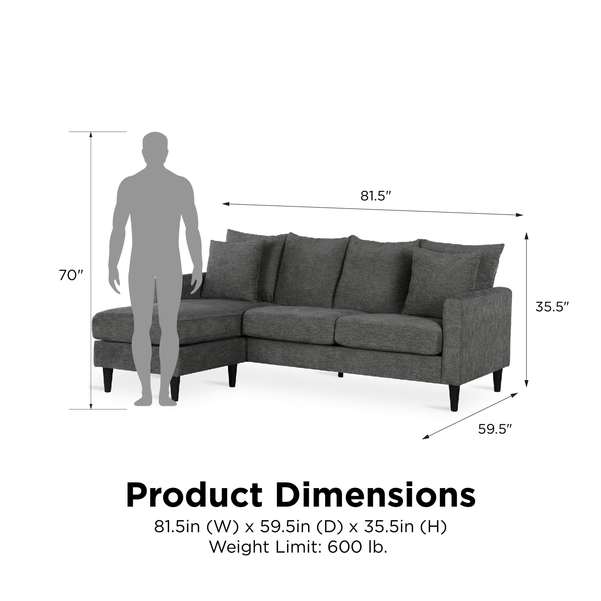 DHP Keaton Reversible Sectional with Pillows, Gray - image 3 of 14