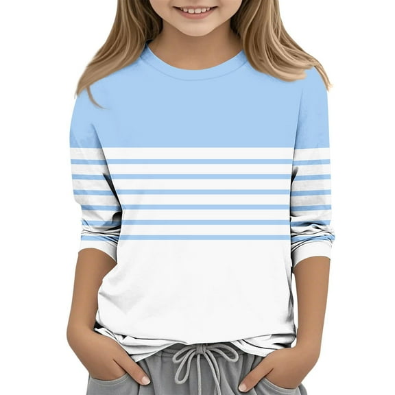 Lopecy-Sta Girls' Stylish 3/4 Sleeve Round Neck Printed T-Shirt - Soft Polyester Casual Blouse for Spring & Summer, Ages 3-14
