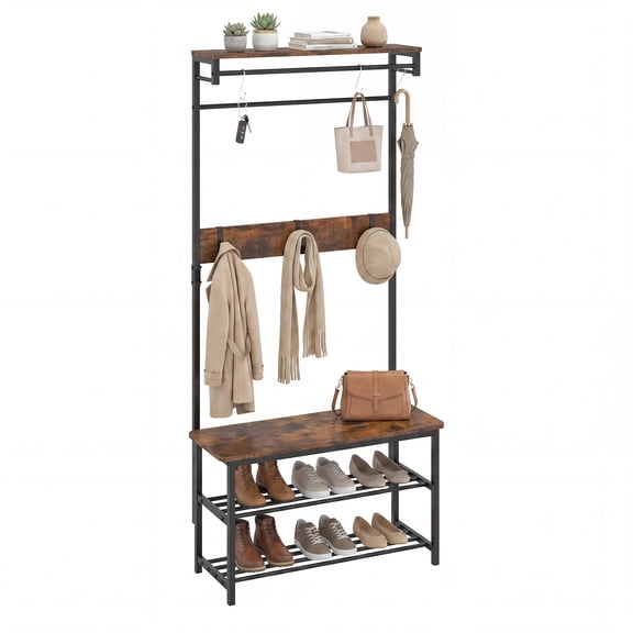 Costway 4-in-1 Hall Tree: Coat Rack with Shoe Bench, Hanging Rod, Shelves & Removable Hooks