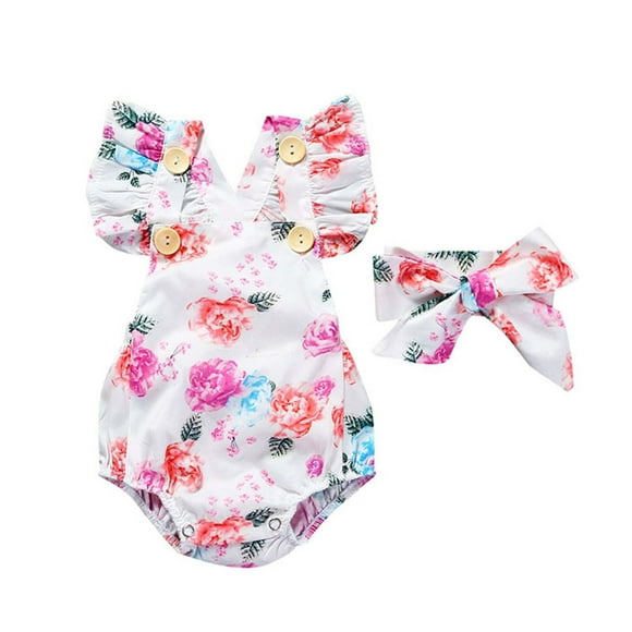 Body Para Bebé, Conjunto De Canastilla, Mono Sin Mangas Para Niño Pequeño, Diadema Con Estampado De Flores, Ropa De Dos Piezas Para Niños, Blanco Odeerbi LM103-5600