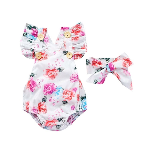 Body Para Bebé, Conjunto De Canastilla, Mono Sin Mangas Para Niño Pequeño, Diadema Con Estampado De Flores, Ropa De Dos Piezas Para Niños, Blanco Odeerbi LM103-5600