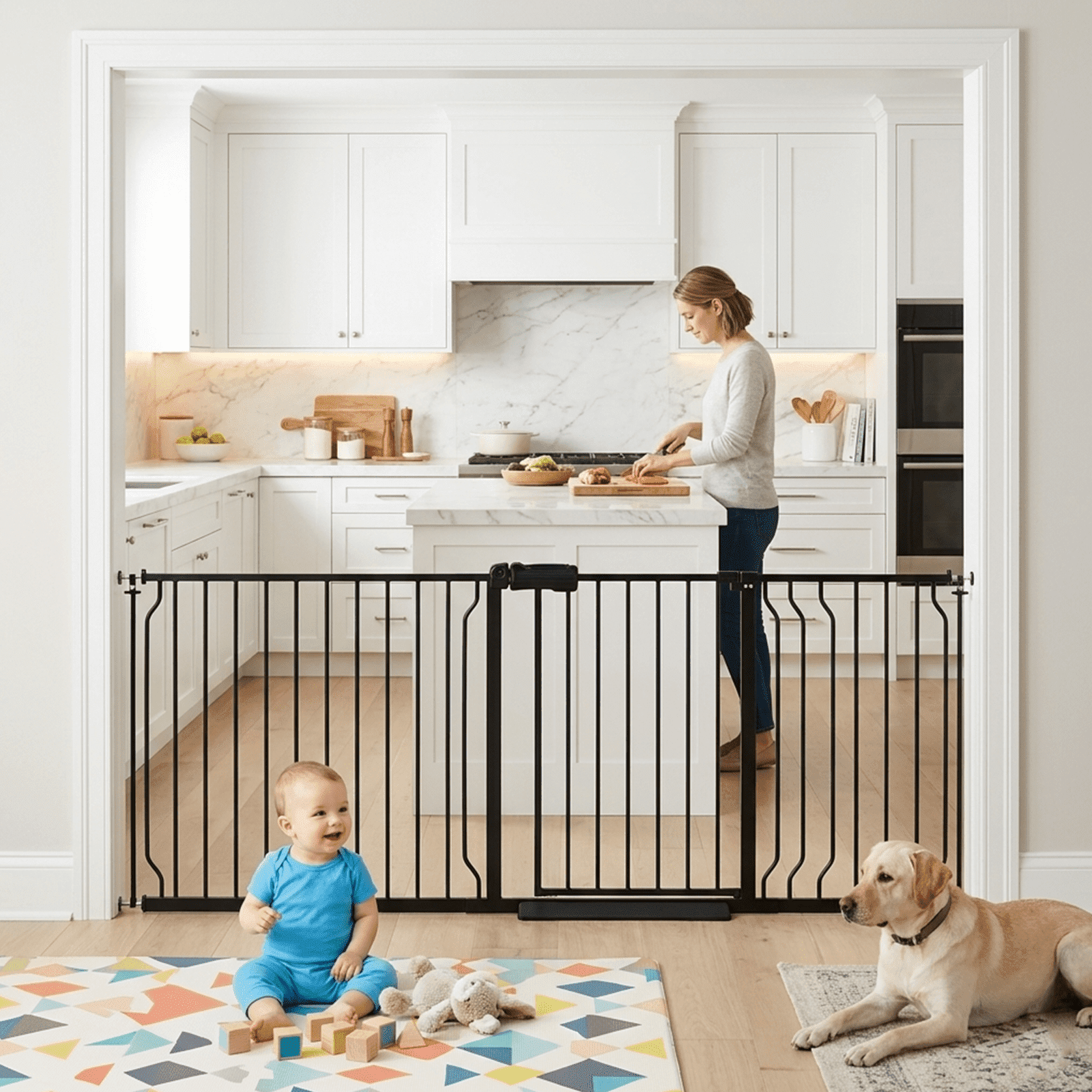 40" Tall Baby Gate for Stairs & Doorways, 62-71" Adjustable Extra Wide Safety Pet Gate, No-Drill Pressure Mount Metal Barrier with Auto Close Door, Child & Pet Protection, Black