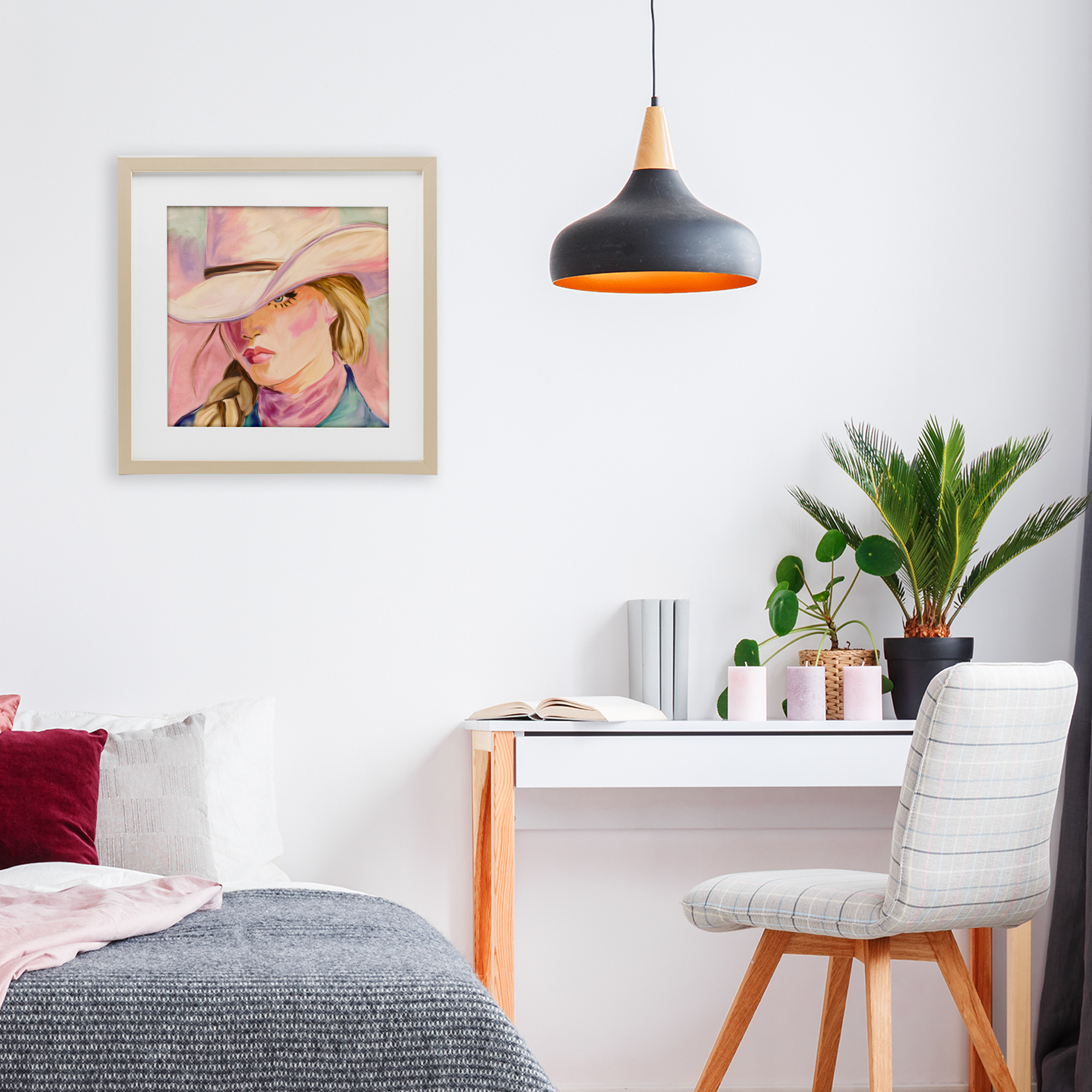 Pastel Cowgirl Gaze Beneath Hat Birch Framed Print Under Glass, design by Kim Allen