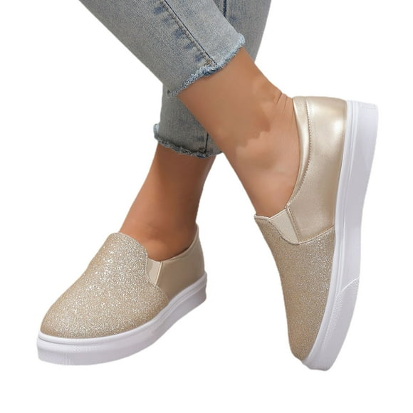 Dakaela Women's Fashion Slip on Sneakers Sparkle Rhinestone Shiny Loafers Dress Shoes Canvas Flats