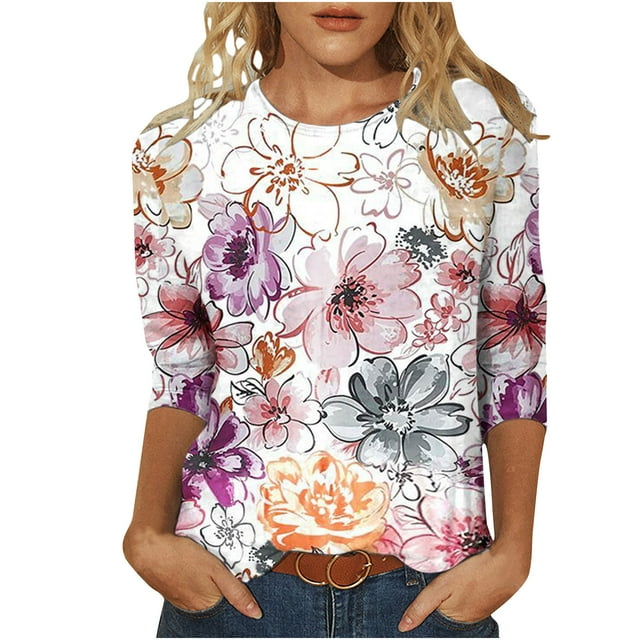 Pompotops T-shirt Mode Imprimé Ample Manches 3/4 Blouse Col Rond Tops Décontractés Liquidation