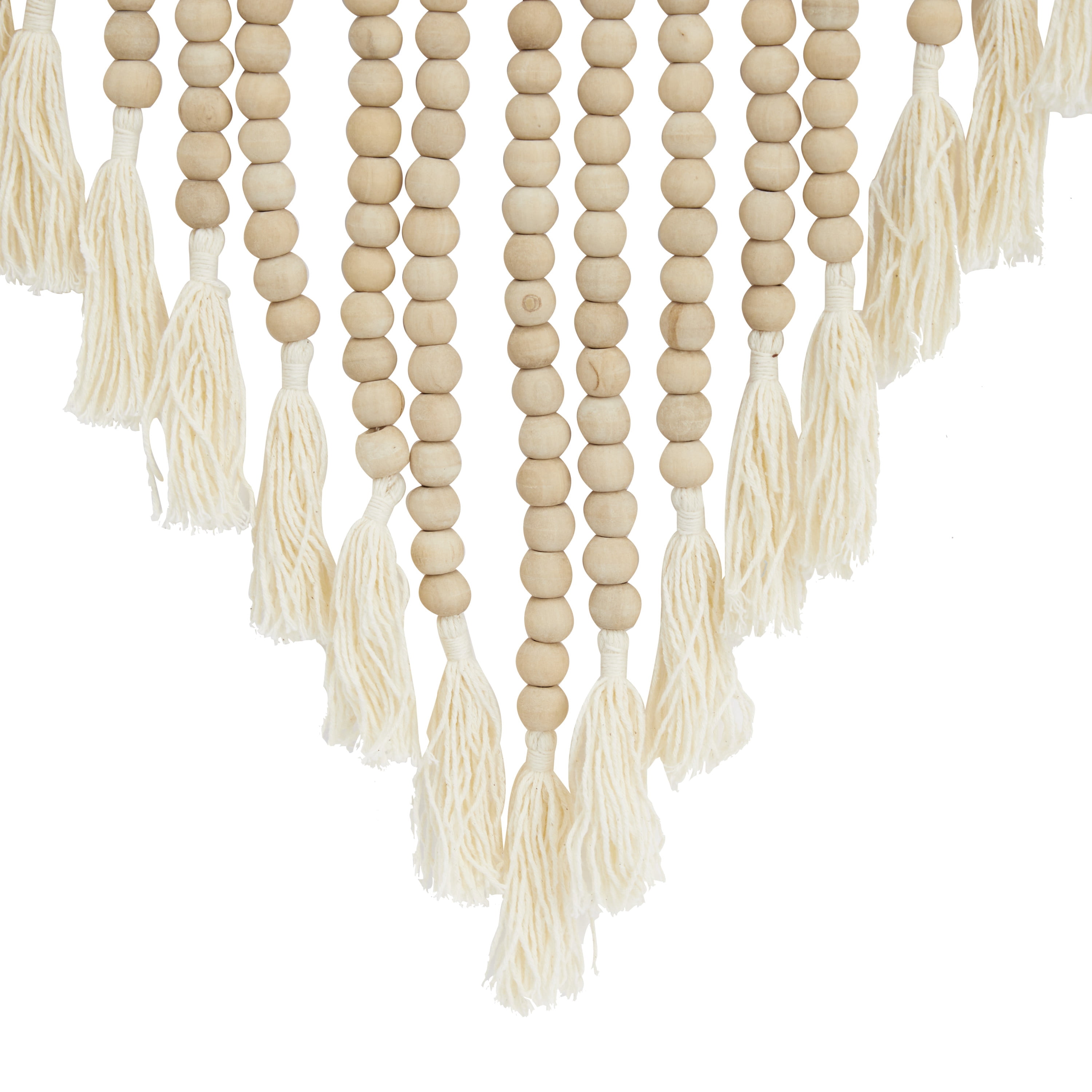 DecMode White Wood Beaded Macrame Wall Decor with Fringe Tassels