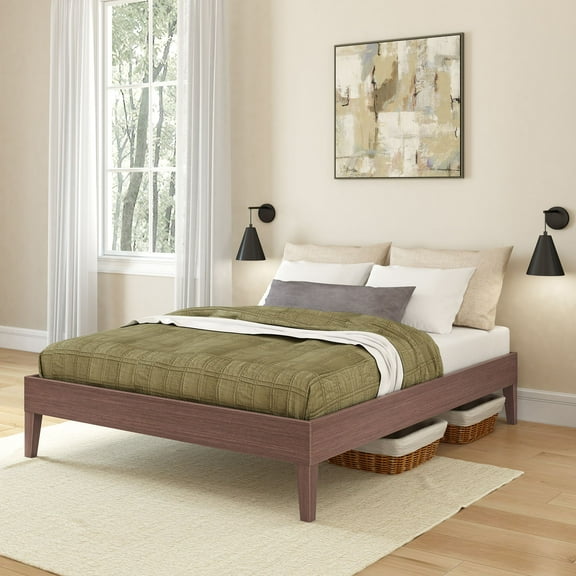 Now Furniture Full Size Bed Frame, Wooden Platform Bed, Textured Dark Brown