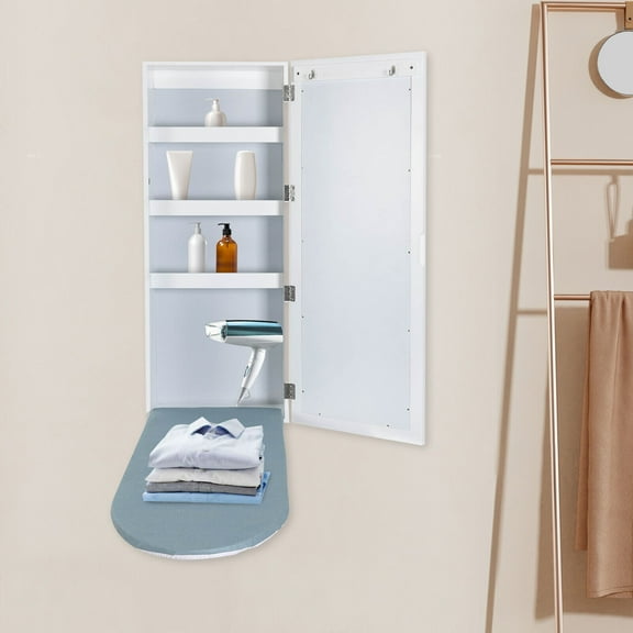 White Organizer Wall Mount Ironing Board Cabinet with Storages and Mirror Hide Away