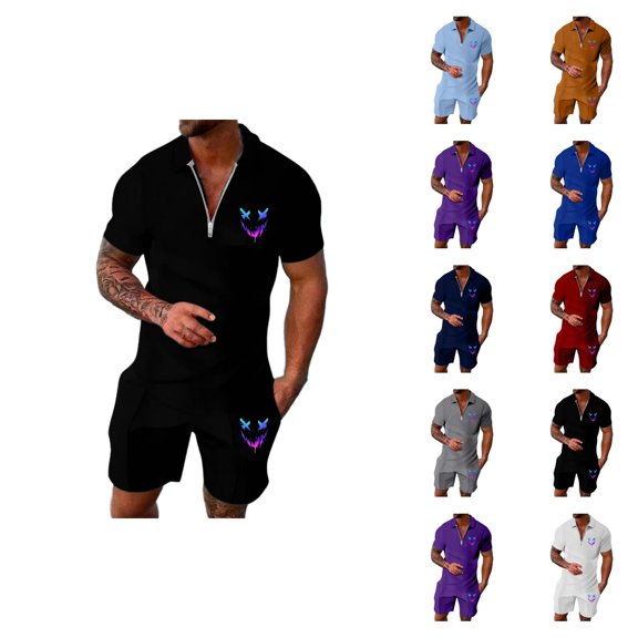Short Sets for Men Relaxed Fit Breathable Quarter Zip Polo Tshirt and Shorts 2 Piece Matching Set Mens Summer Outfits