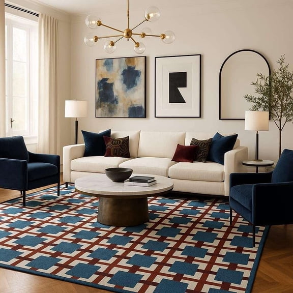 Hand-Tufted Wool Runner Rug 2.6×8 ft – Blue Geometric Square Pattern, Soft, High Pile Area Carpet for Living Room & Bedroom