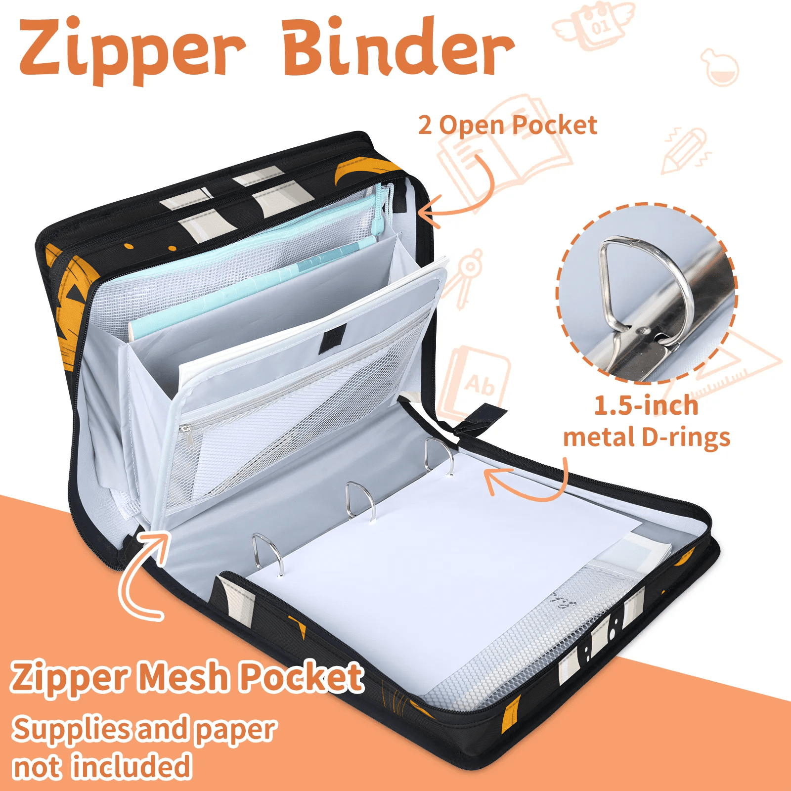 Herdesigns Funny Ghost Zipper Binder 1.5 Inch 3 D-Rings with Shoulder Strap & Handle, Waterproof Halloween Pumpkin Binder Organizer Bag for 13 Inch Laptop