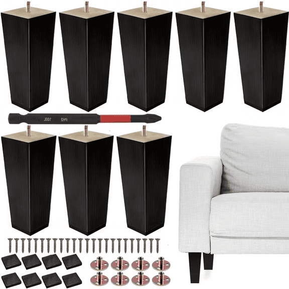 8Pcs 6 Inch Square Solid Wood Furniture Legs, Black Mid Century Modern Replacement Couch Legs with Installation Hardware for Sofa Armchair Bed Dresser Cabinet