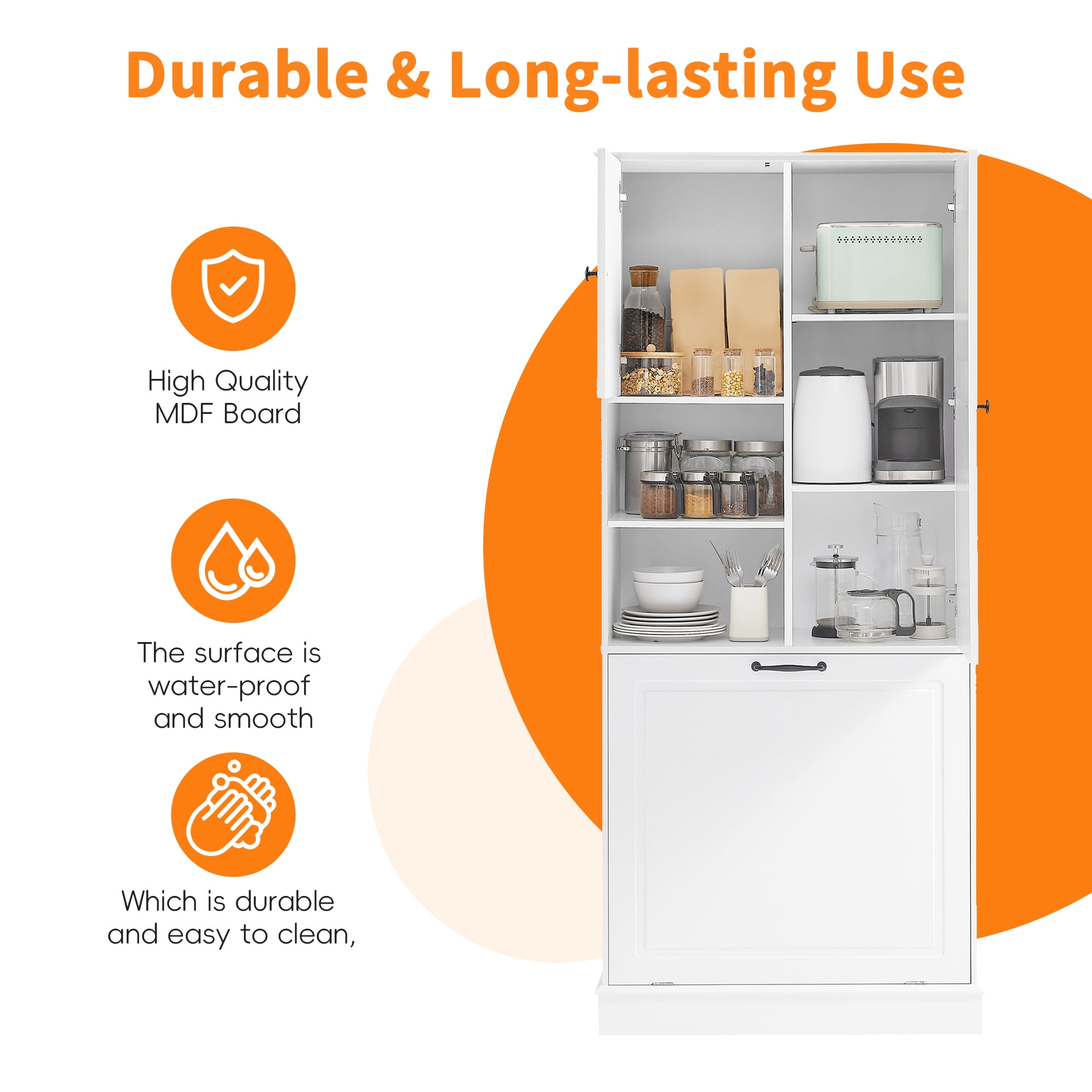 Euroco Tall Storage Cabinet with Adjustable Shelves, Large Flip-Out Basket & Enclosed Cabinets – Perfect for Bathroom, Living Room, or Office, MDF Material with Aluminum Alloy Handles