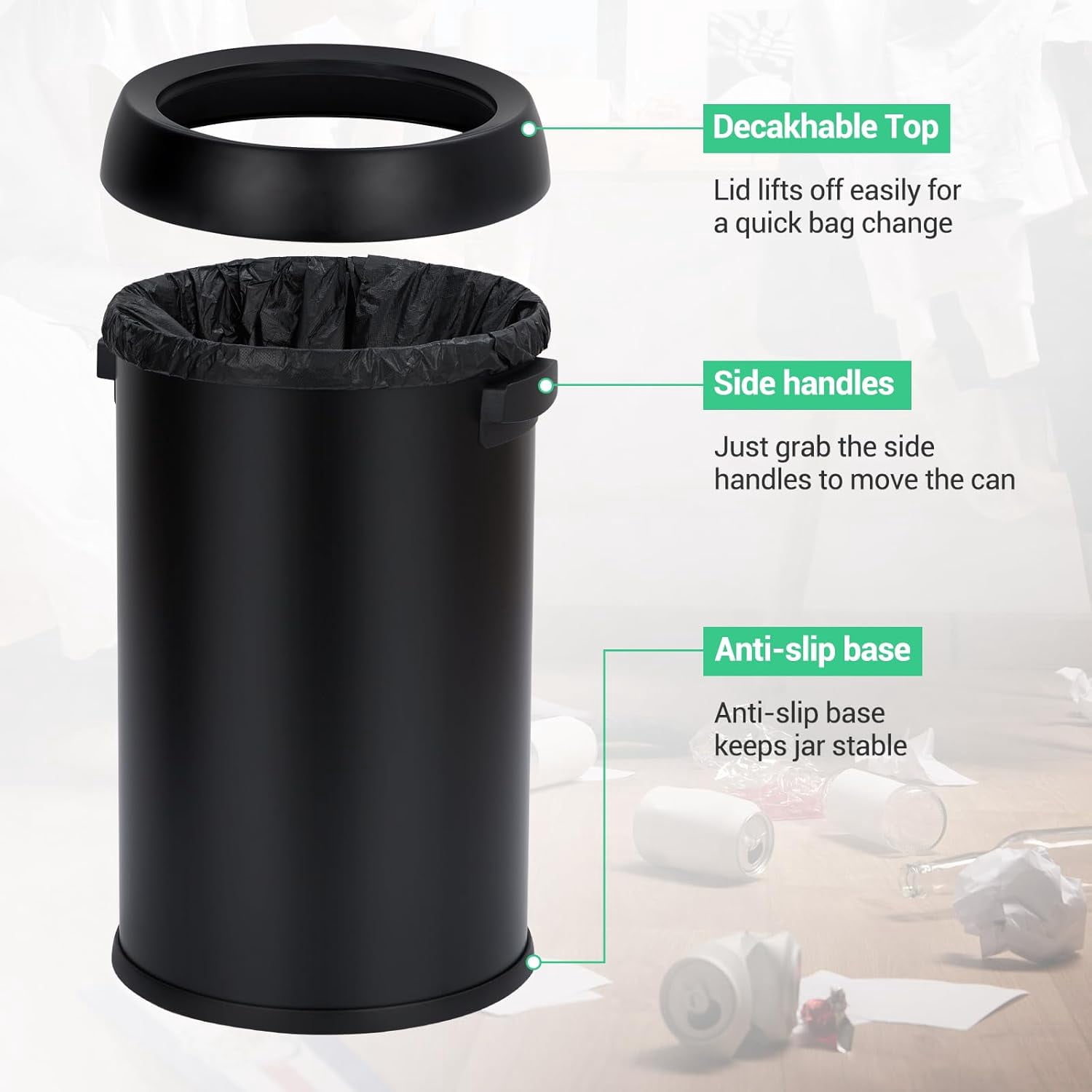 Garvee 17 Gallon Stainless Steel Round Trash Can with Open Lid, Fingerprint-Proof, Removable Inner Liner for Kitchen, Office, Living Room, or Bathroom, Black