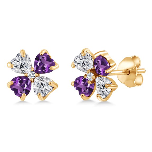 Gem Stone King 18K Yellow Gold Plated Silver Lab Grown Diamond and Purple Amethyst Stud Earrings for Women | 1.95 Cttw | Gemstone April Birthstone | Heart Shape 4MM