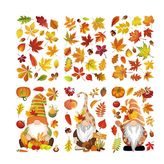 JeashCHAT Fall Window Clings for Glass Window - Double Sided, 6 Sheets Autumn Gnomes Leaves Pumpkin Window Stickers Decals, Thanksgiving Fall Decorations for Home Office Party