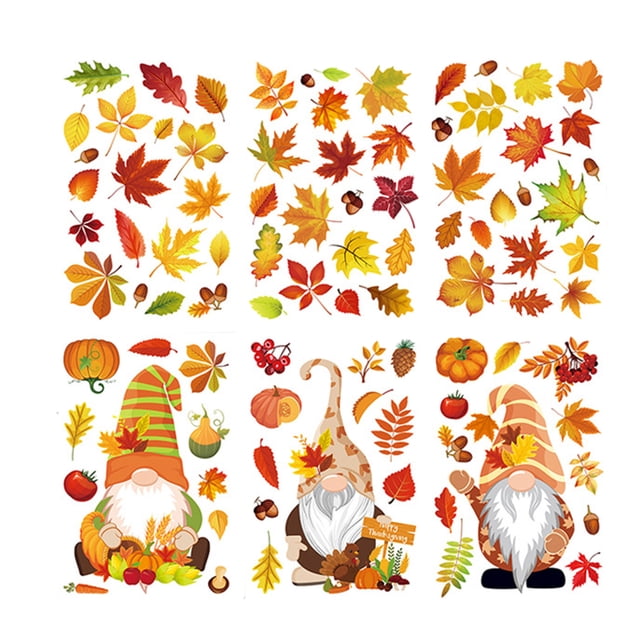 Fall Window Decorations 6 Sheets Reusable PVC Maple Leaf Pumpkin Gnome Stickers for Glass Doors Mirrors Home Party Thanksgiving Halloween
