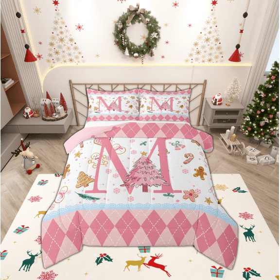 Manfei Personalized Xmas Gifts Bedding Comforter Set,Pink Letter M Twin Comforter Sets,Christmas Dessert Candy Cnae Bedding Set For Princess,Lightweight Room Decoration Reversible,2-Piece