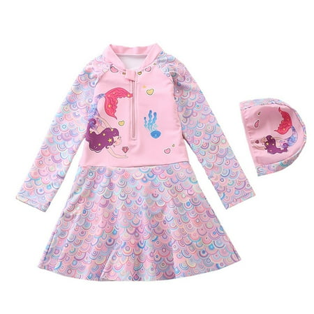 

Kids Girl Long Sleeve Swimsuit UPF 50+ Sun Protection with Zipper Rash Guard One-Piece Bathing Suit with Hat